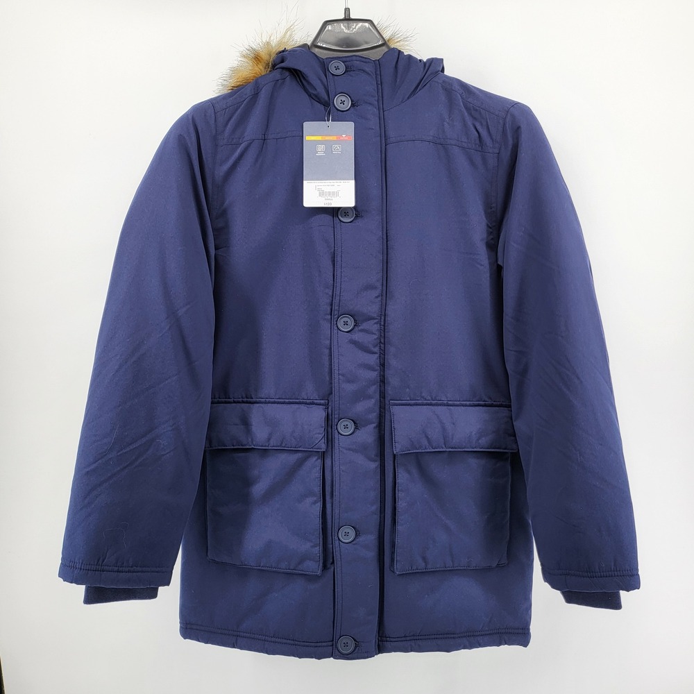 St Johns Bay Mens Parka Coat Jacket Faux Fur Hood Water Resistant Navy Small
